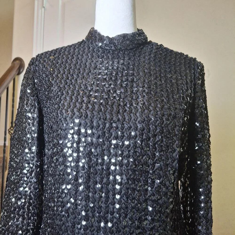 Vintage Union 70s Black Sequin Evening Gown US12 Hollywood Red Carpet Black Tie